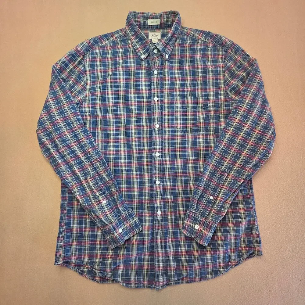 J.Crew Organic Cotton Indigo Chambray Plaid Button-Down Shirt Blue Red Sz Large